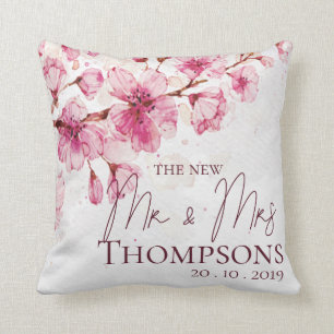 Cute Pink Watercolor Floral New Mr Mrs Wedding Cushion