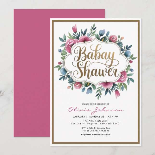 Cute Pink Watercolor Flowers Baby Shawer Invitation (Front/Back)