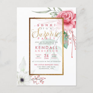 Cute Pink Watercolor Flowers Floral Surprise Party Invitation Postcard