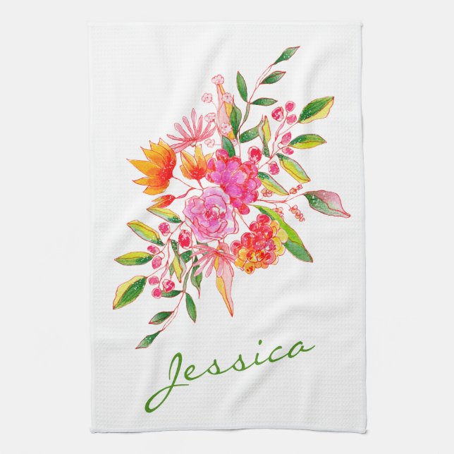 Cute Pink Watercolor Flowers Personalised Name Tea Towel (Vertical)