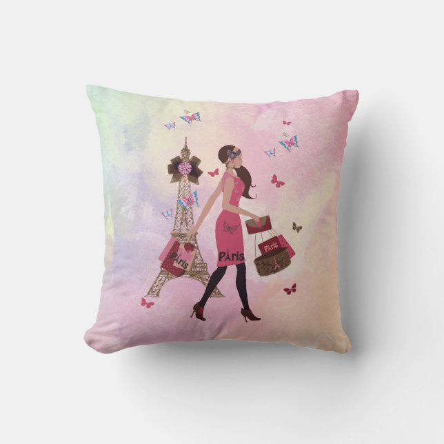 Cute Pink Watercolor Girl Paris Eiffel Tower Cushion (Front)