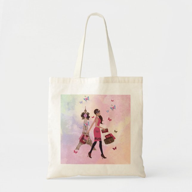 Cute Pink Watercolor Girl Paris Eiffel Tower Tote Bag (Front)