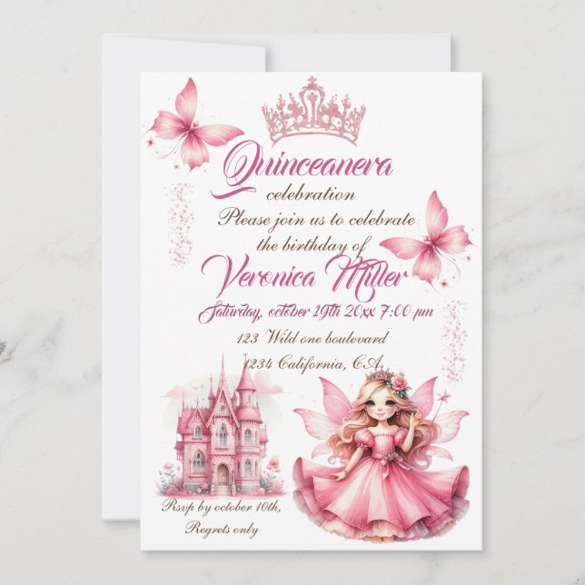 Cute pink watercolor girly castle fairy princess invitation (Front)