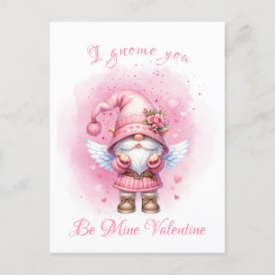 Cute Pink Watercolor Gnome Valentine Day Postcard
