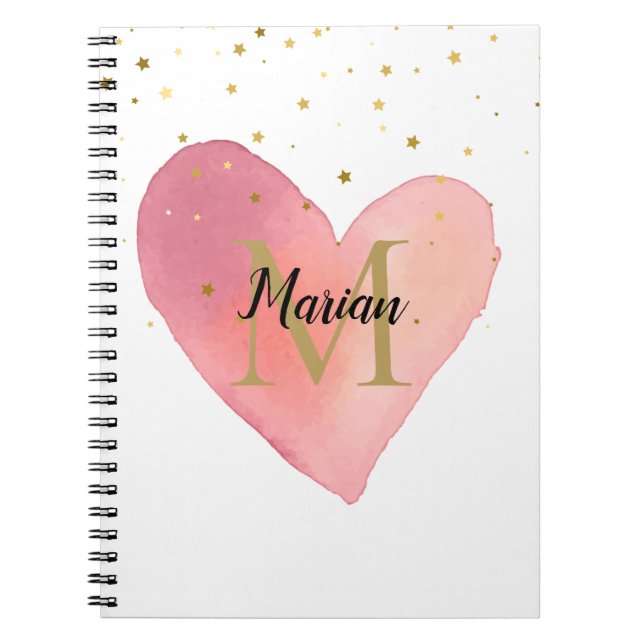 Cute Pink Watercolor Heart Monogram Name Notebook (Front)