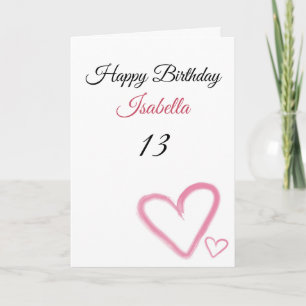 Cute Pink Watercolor Heart Strokes 13th Birthday Card