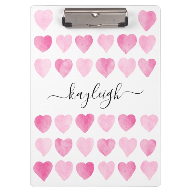 Cute Pink Watercolor Hearts Clipboard (Front)
