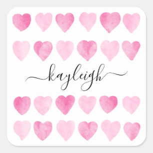 Cute Pink Watercolor Hearts Square Sticker