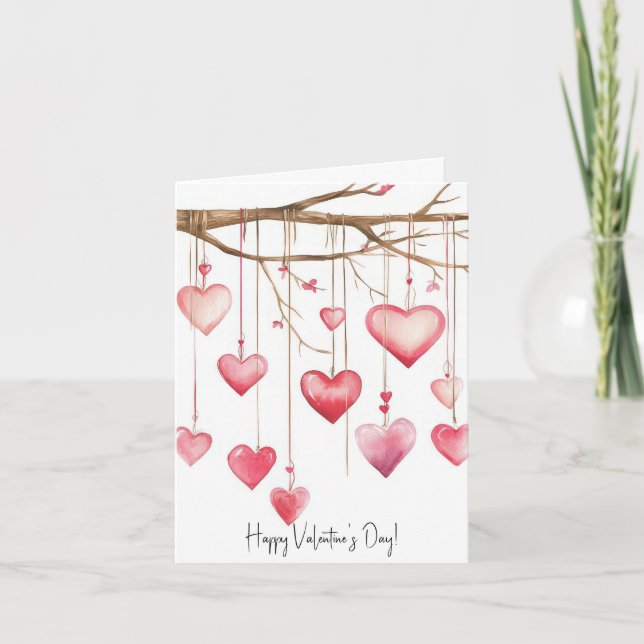 Cute Pink Watercolor Hearts Valentine's Greeting Holiday Card (Front)