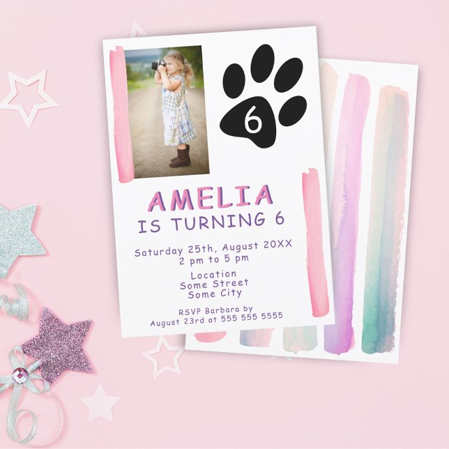 Cute Pink Watercolor Kids Photo Birthday Party Invitation (Creator Uploaded)