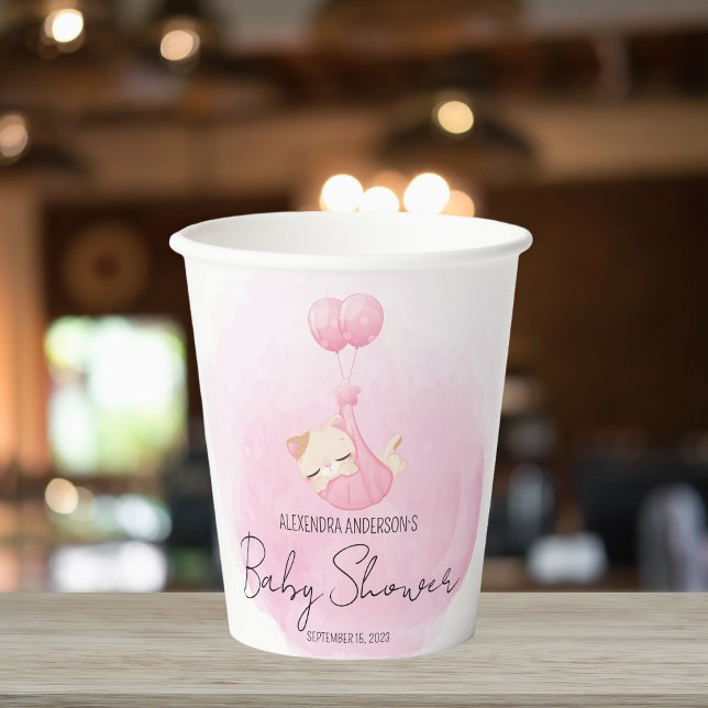  Cute Pink Watercolor Kitten Baby Girl Shower Paper Cups (Creator Uploaded)