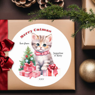 Cute Pink Watercolor Kitten Catmas Christmas Classic Round Sticker