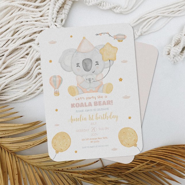 Cute Pink Watercolor Koala 1st Birthday Baby Party Invitation (Creator Uploaded)
