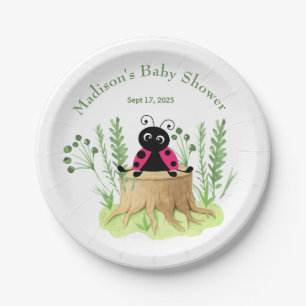 Cute Pink Watercolor Ladybug Baby Shower Paper Plate