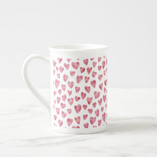 Cute Pink Watercolor Love Heart Pattern Bone China Mug