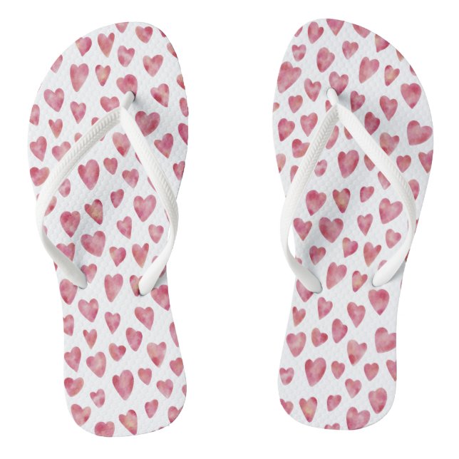 Cute Pink Watercolor Love Heart Pattern Flip Flops (Footbed)