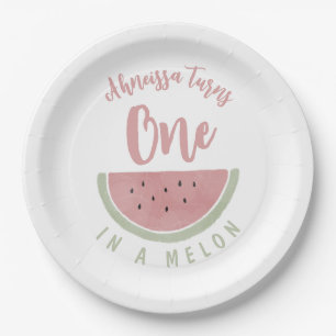 Cute Pink Watercolor One in a Melon Birthday Paper Plate