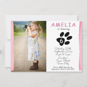 Cute Pink Watercolor Paw Photo Birthday Party Invitation