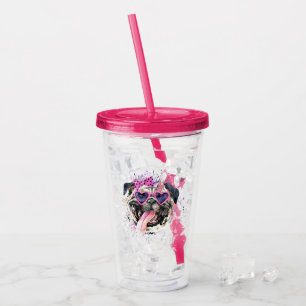 Cute Pink Watercolor Pug Acrylic Tumbler