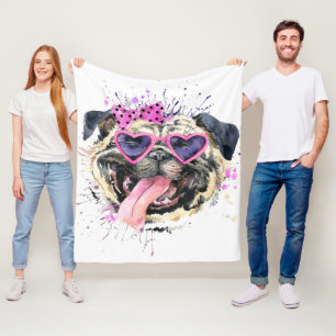 Cute Pink Watercolor Pug Fleece Blanket