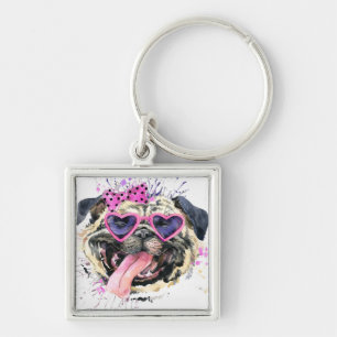 Cute Pink Watercolor Pug Key Ring