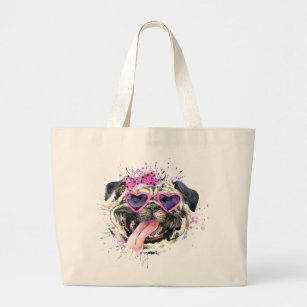 Cute Pink Watercolor Pug Large Tote Bag