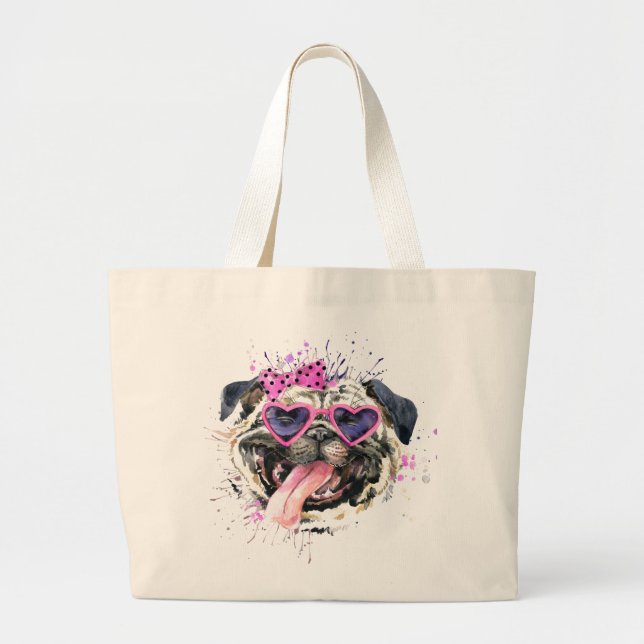 Cute Pink Watercolor Pug Large Tote Bag (Front)