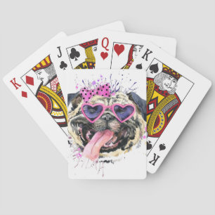 Cute Pink Watercolor Pug Playing Cards