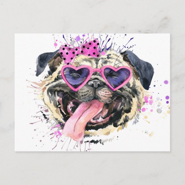 Cute Pink Watercolor Pug Postcard (Front)