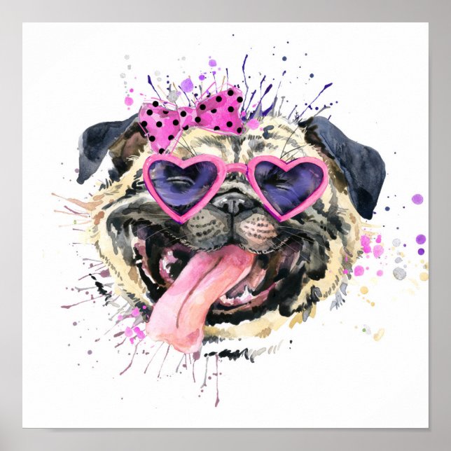 Cute Pink Watercolor Pug Poster (Front)