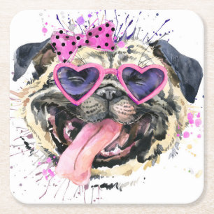 Cute Pink Watercolor Pug Square Paper Coaster