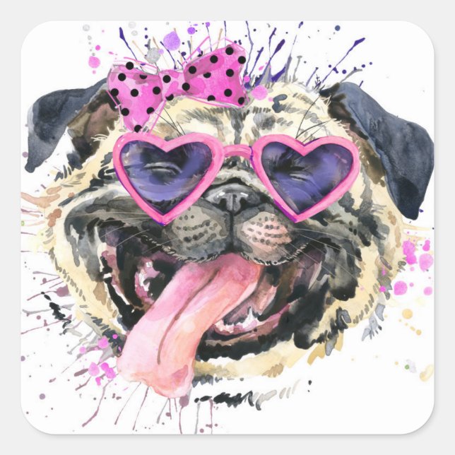 Cute Pink Watercolor Pug Square Sticker (Front)