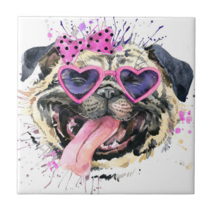 Cute Pink Watercolor Pug Tile