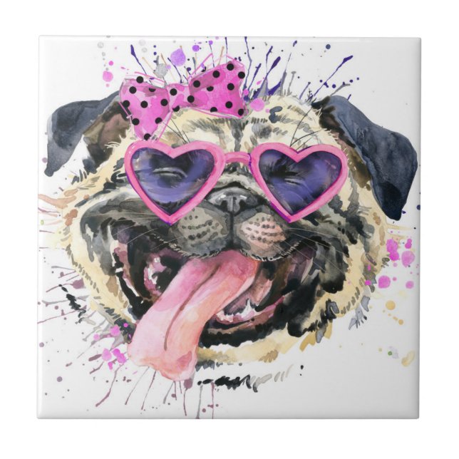 Cute Pink Watercolor Pug Tile (Front)
