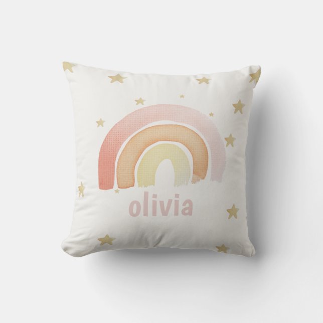 Cute Pink Watercolor Rainbow & Stars Girl Name Cushion (Front)