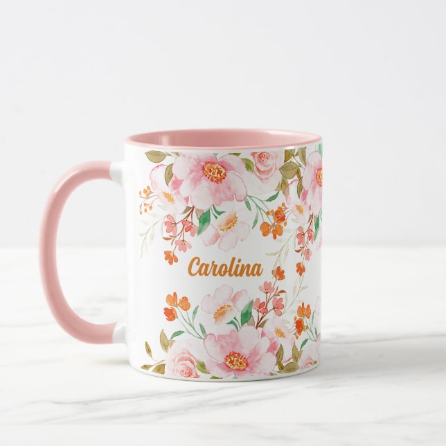 Cute Pink Watercolor Roses Girly Name Monogram  Mug (Left)