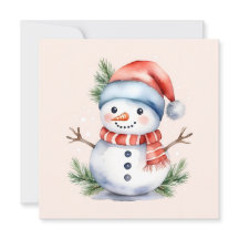 Cute Pink Watercolor Snowman Christmas