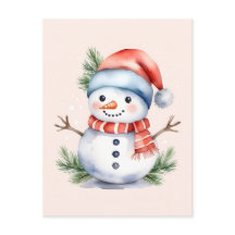 Cute Pink Watercolor Snowman Christmas