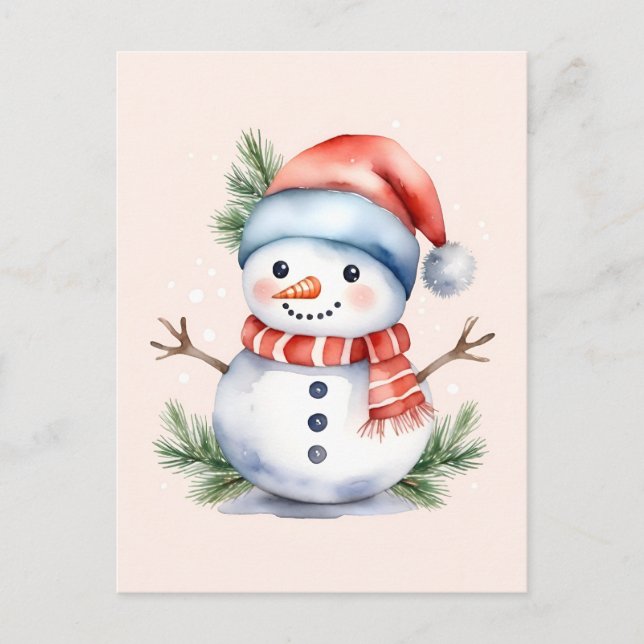 Cute Pink Watercolor Snowman Christmas Holiday Postcard (Front)