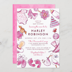 Cute Pink Watercolor Toys Baby Girl Baby Shower Invitation