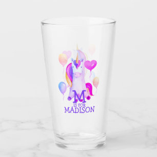 Cute Pink Watercolor Unicorn Girls Monogram Name Glass