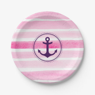 Cute Pink Watercolors Pattern Purple Anchor Paper Plate