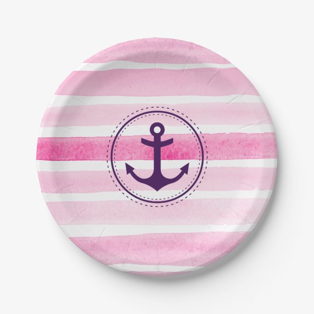 Cute Pink Watercolors Pattern Purple Anchor Paper Plate (Front)