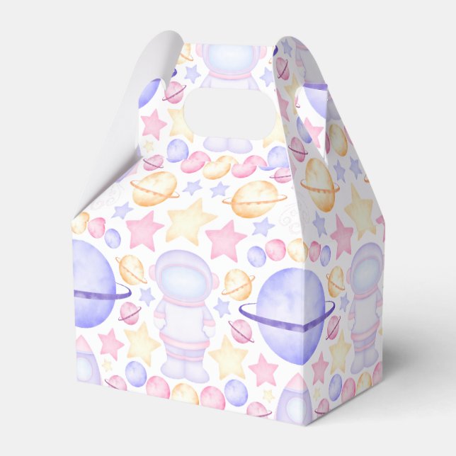 Cute Pink Watercolour Space Astronauts Birthday Favour Box (Front Side)