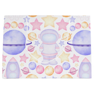 Cute Pink Watercolour Space Astronauts Birthday Large Gift Bag