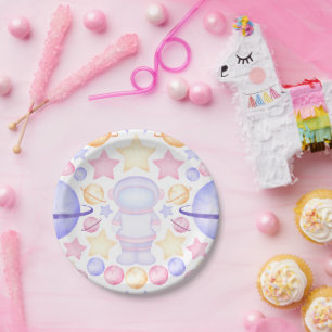 Cute Pink Watercolour Space Astronauts Birthday Paper Plate