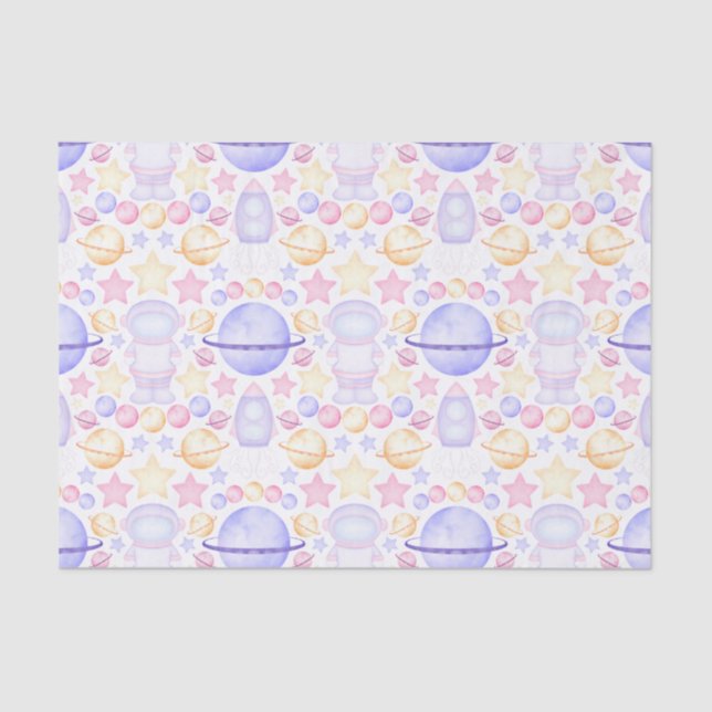 Cute Pink Watercolour Space Astronauts Birthday Tissue Paper (Front)