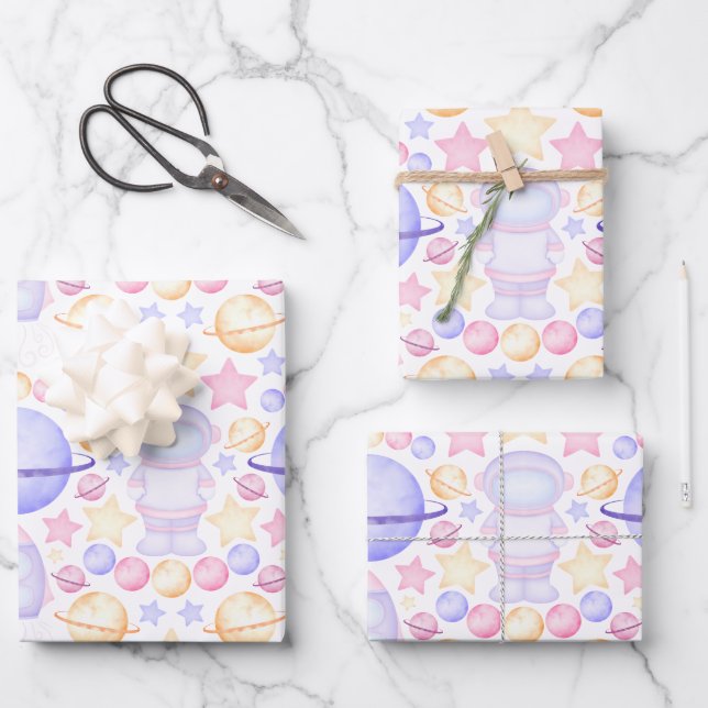 Cute Pink Watercolour Space Astronauts Birthday Wrapping Paper Sheet (Front)