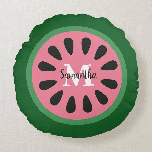 Cute Pink Watermelon Monogram Round Cushion (Front)