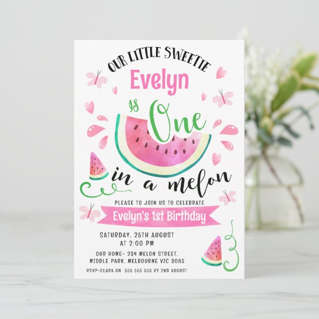 Cute Pink Watermelon One  In A Melon 1st Birthday Invitation (Standing Front)